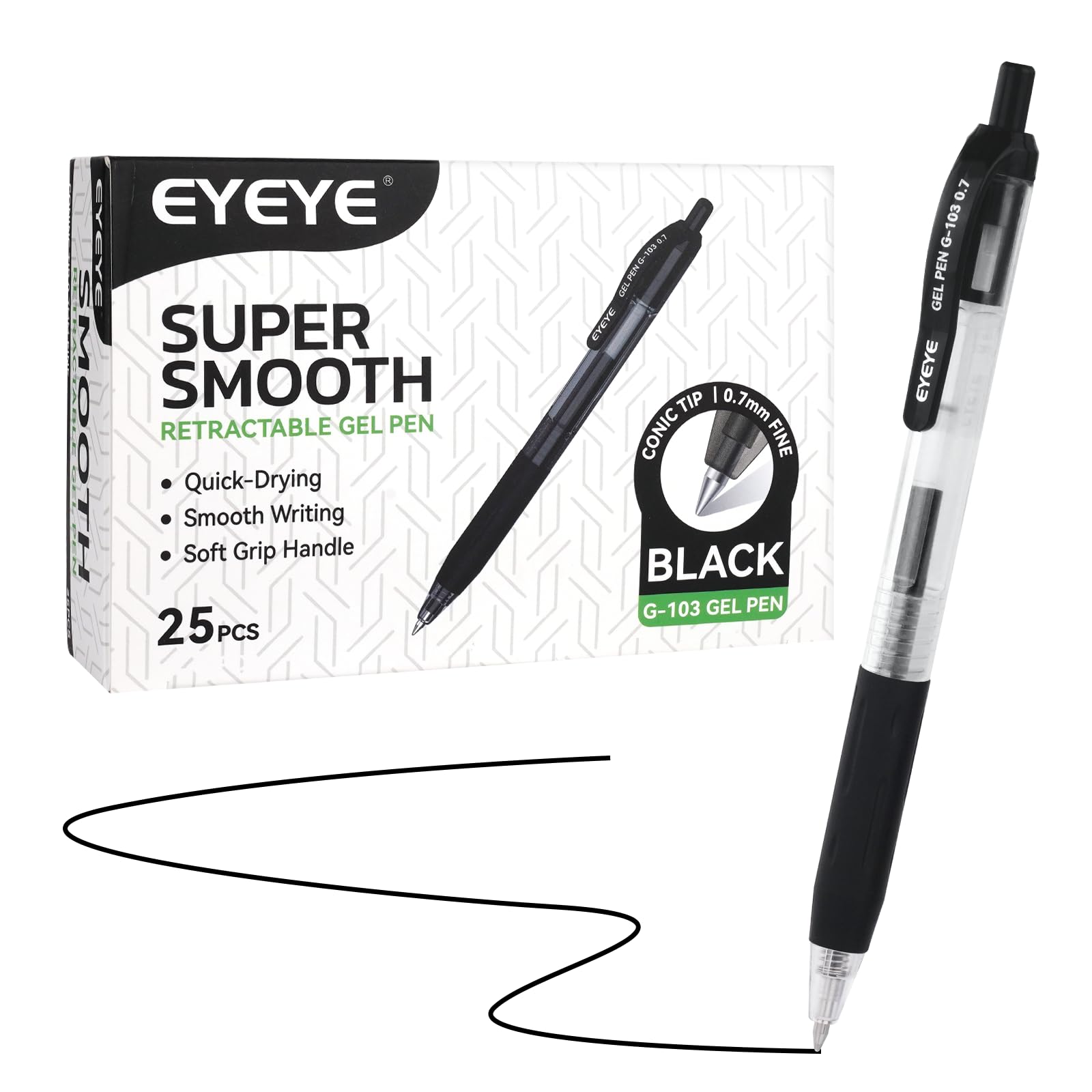 EYEYE G-103 Retractable Gel Pens Black 0 7mm 25 Pack Medium Point Gel Ink Pens Quick Drying 0