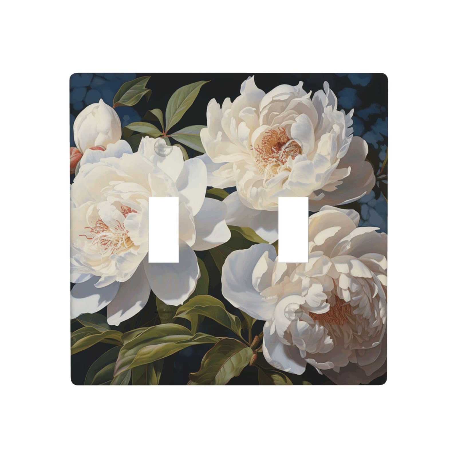 Aceprints White Peony 2 Gang Double Toggle Wall Plates, Unbreakable Decorative Duplex Light Switch Plate Covers Electrical Switchplate Cover Faceplate For Bathroom Kitchen Decor