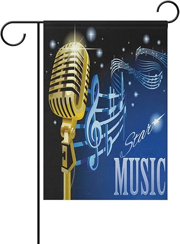 VIKKO Bandera de jardín con micrófono retro dorado con nota musical, bandera grande para patio, de poliéster de bienvenida de doble cara, para