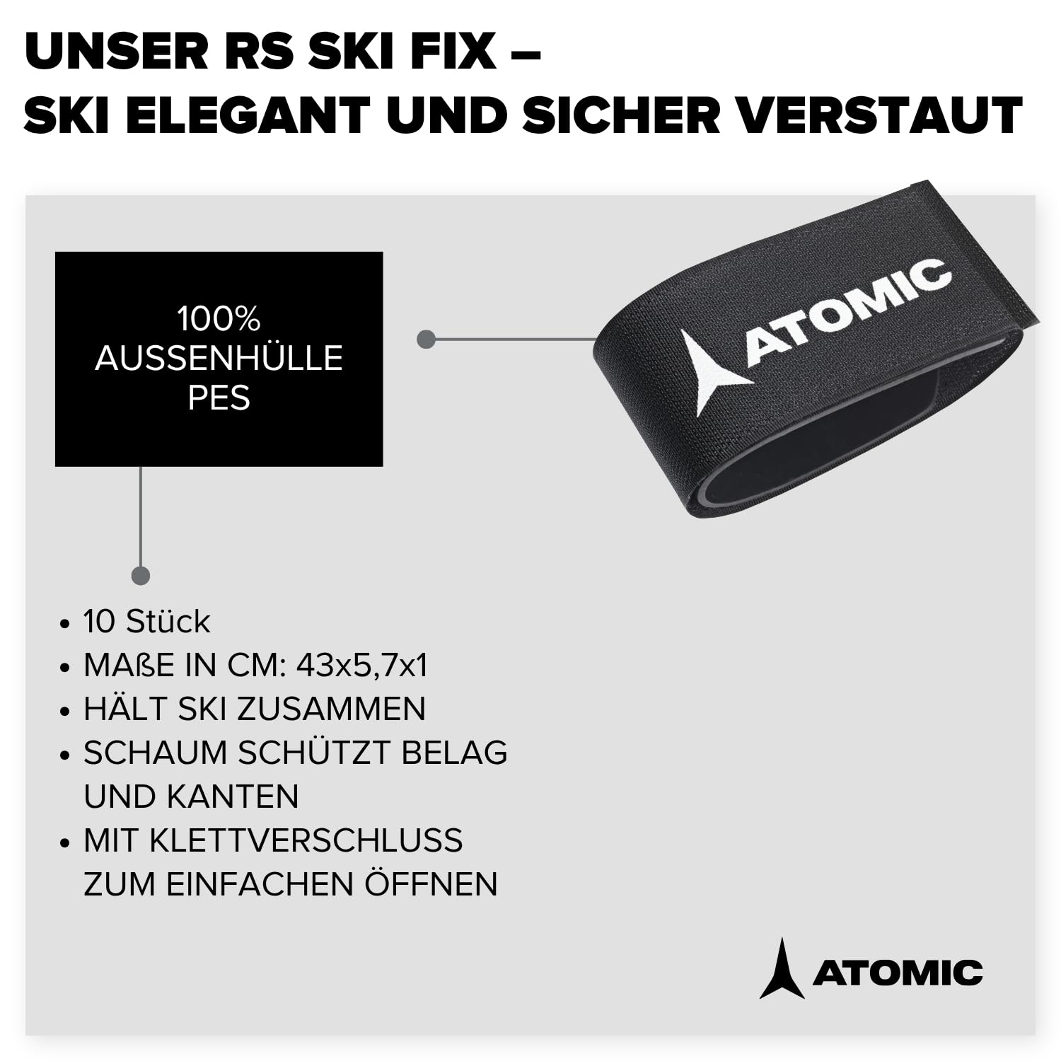 ATOMIC RS SKI FIX I 10 Stück I Praktische Skibänder zum Schutz von Kanten & Belag I Klettverschluss-Band mit Polsterung I Hochwertiges Ski-Zubehör für einen einfachen Transport