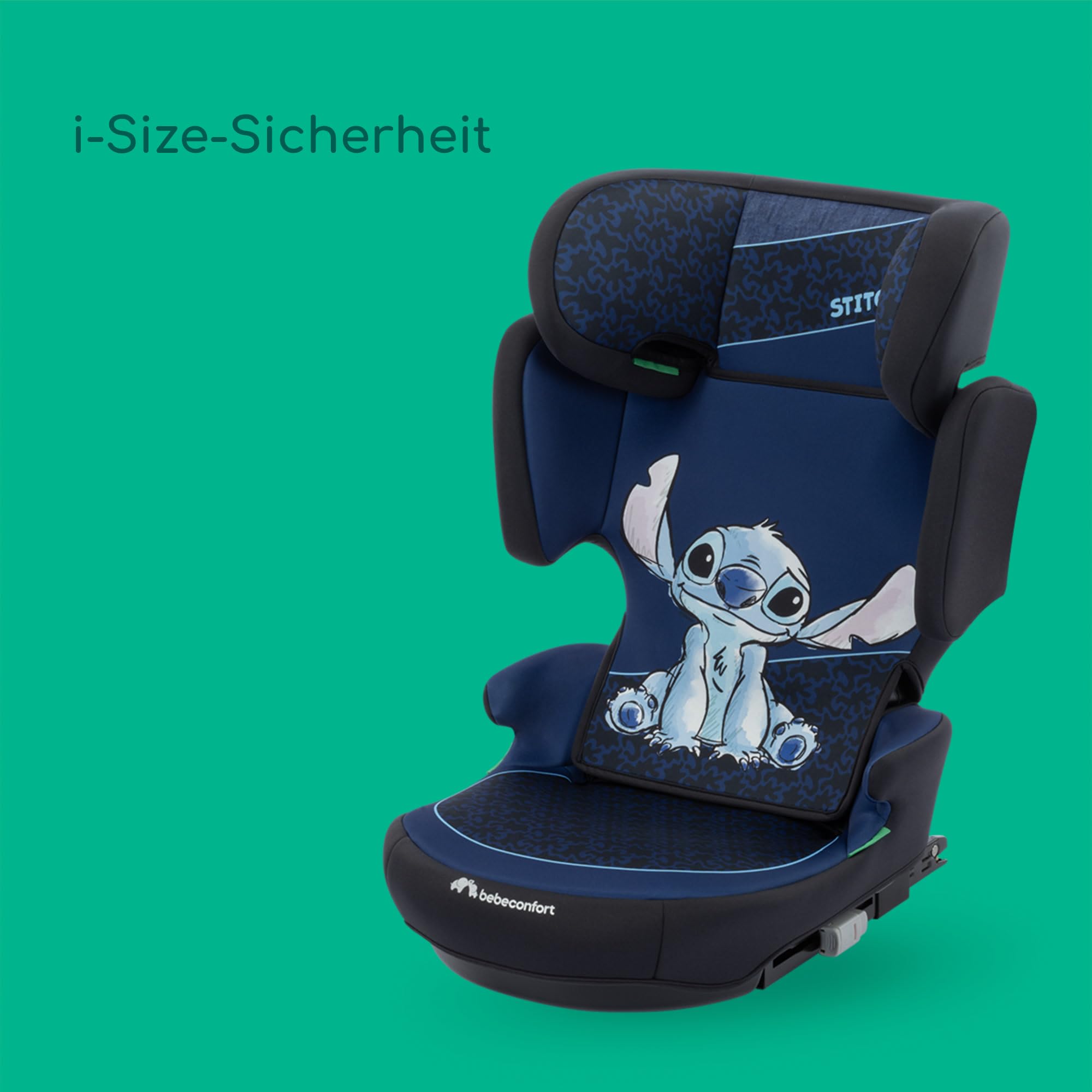 Bebeconfort Disney RoadFix i-Size, Kindersitzerhöhung mit Rückenlehne, 3,5–12 Jahre (100–150 cm), Folgekindersitz Stitch Disney, Klappbar, Leicht (4,4 kg), 14 Kopfstützenpositionen, Authentic Stitch