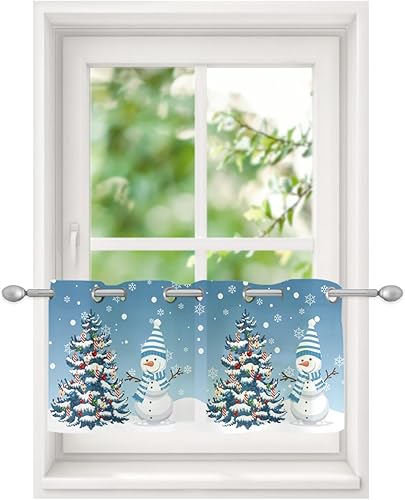 Miniatura 1 de Cortinas transparentes de Navidad con diseño de muñeco de nieve azul para dormitoriosala de estar, cortinas de cocina con ojales de 24 pulgadas de