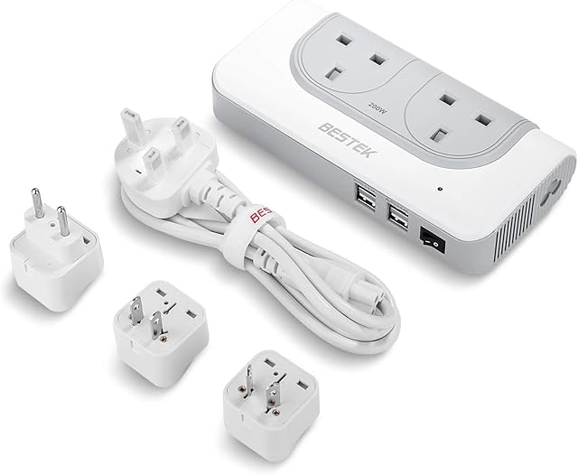 BESTEK UK to USA Travel Power Adaptor, 200W Step Up Transformer 110v to 240v Voltage Converter with 4 USB Ports, Grey