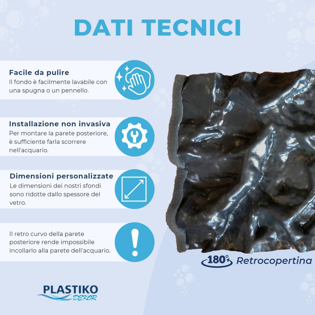 PLASTIKO - Acquario Sfondo 3D I 100x50 cm I Facile da Montare e Pulire I Non Richiede Colla I Sicuro per Gli Animali I Grigio con Un Modello di Pietre Alte
