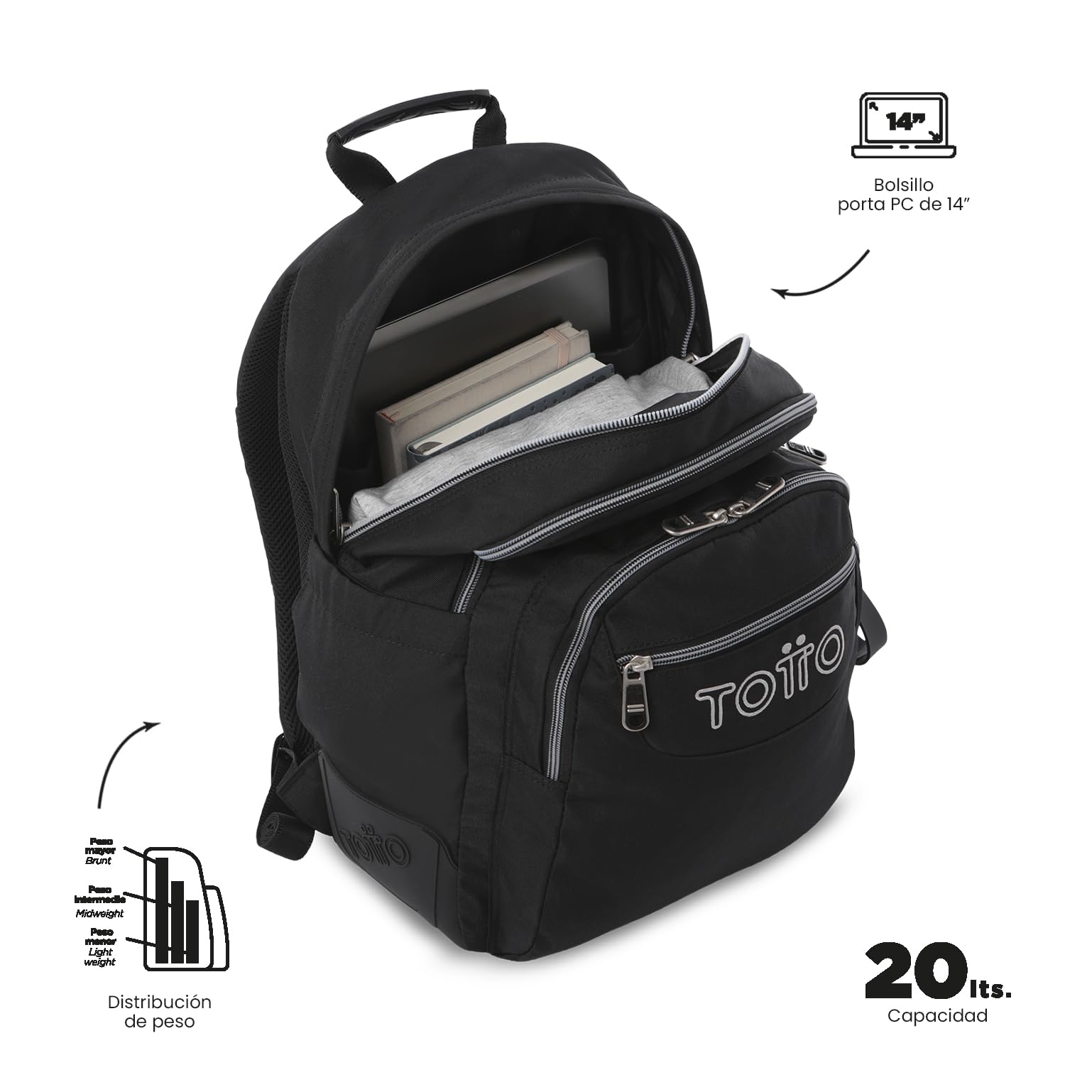 TOTTO - Mochila Escolar Grande, Modelo Rayol Ecole Solid, Capacidad 19 L, 3 Compartimentos, 2 Bolsillos Botella, Bolsillo PC 14", Espaldar Ergonómico con Flujo de Aire, Correas en S, Color Negro