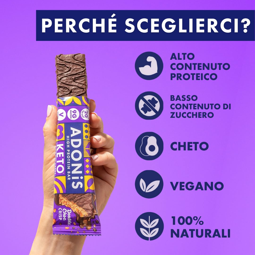 Barrette Keto Adonis Caramello e Arachidi – 16 x 45g | Barrette proteiche a basso contenuto di carboidrati | 9g di proteine, 2g di zucchero (Doppio Cioccolato Croccante)