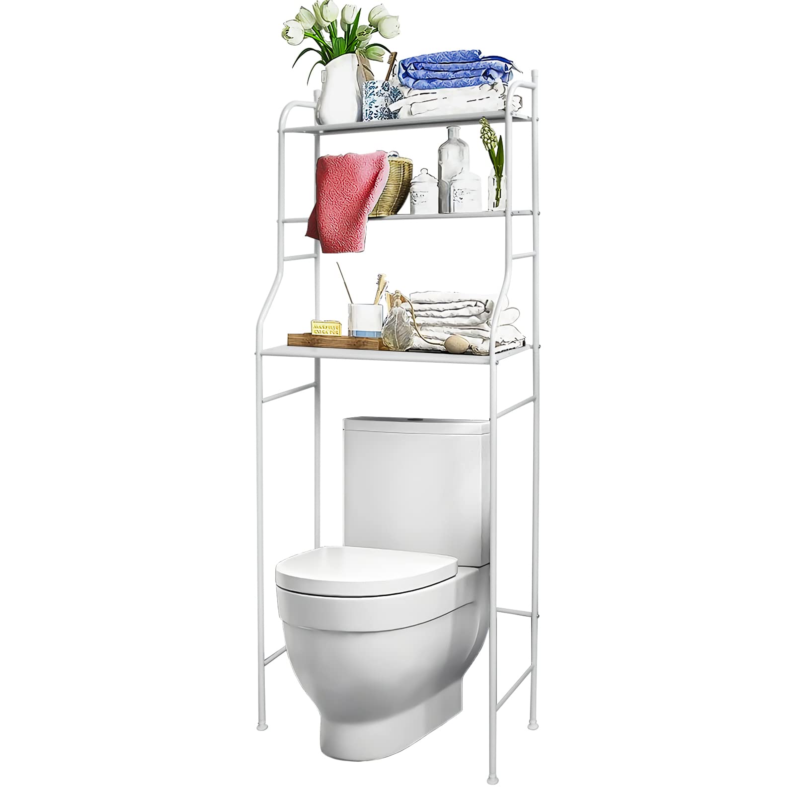 Estantería baño sobre Inodoro WC o Lavadora metálica- Estante de Almacenamiento Ahorra Espacio- 3 Niveles- Cocina- Garaje- Trastero- Mueble sobre Taza- Patas Ajustables- Multiusos- Blanco