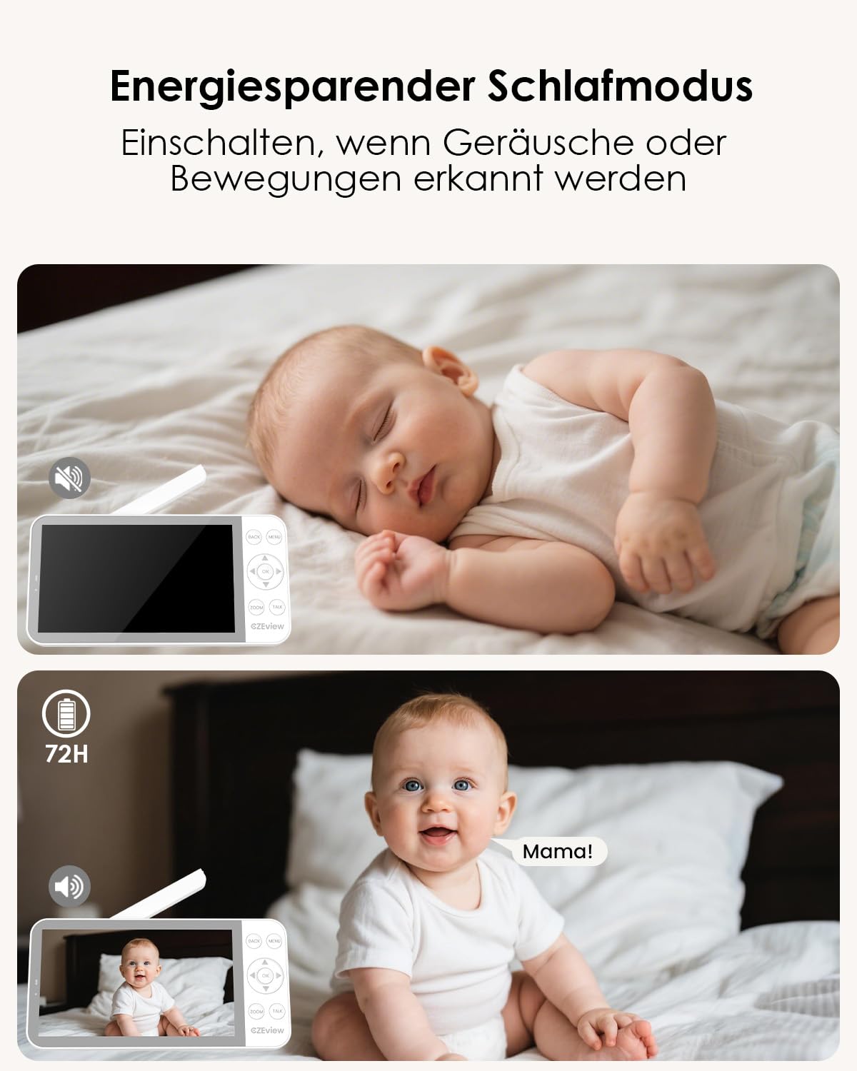 CZEview Babyphone mit Kamera 2,5K & 5,5-Zoll-HD-Großbildschirm, Nachtsicht, 360° WLAN Video Babyfon mit App, Musik & Buntes Nachtlicht, Intelligente Erkennung (Weiß (2 Artikel))