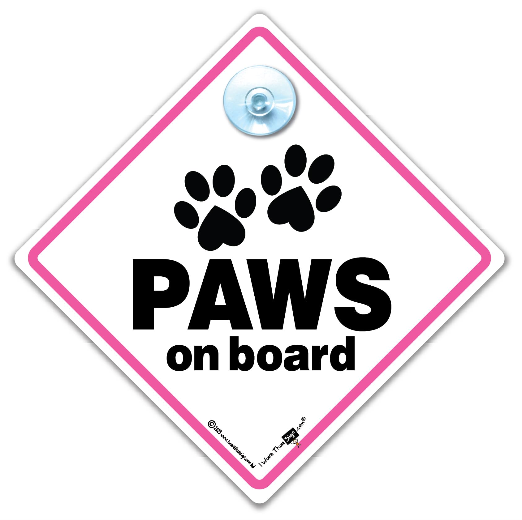 Iwantthatsign.com Black And White Paws On Board Sign Pink, Paws On Board Car Sign, Dog Car Sign, Dog In Car Sign, Dog In Transit Sign, Dog On Board Sign With Suction Cup 14 Cm X 14Cm X 2Cm