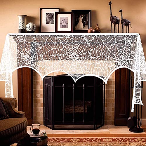 Image of AerWo Halloween Fireplace Mantel Scarf, Halloween Decorations White Lace Spiderweb Fireplace Cover Festive Party Supplies,18 x 98 inch