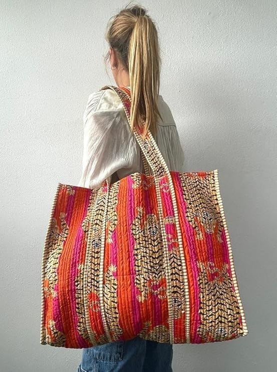 Image of YILLE Women Handblock Lightweight Travel Bag Purse Cotton Shoulder Tote Bag For Shopping Grocery & Beach Bag
