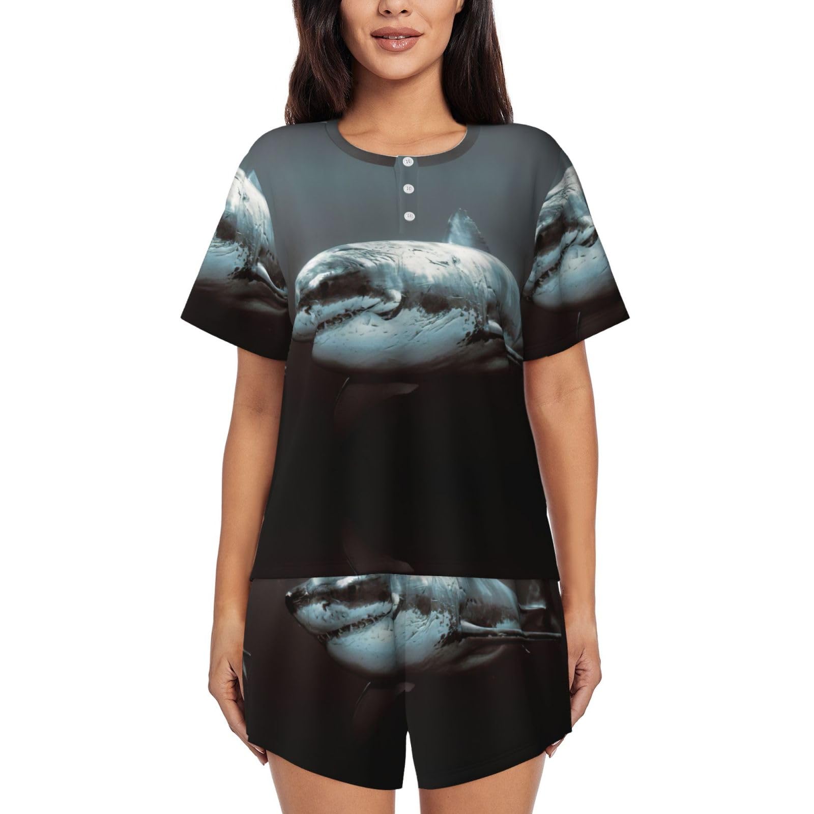 EdWal Great White Shark Print Women'S Pajama Sets Lounge Wear Set Soft Loungewear Short-Sleeved Pjs And Shorts