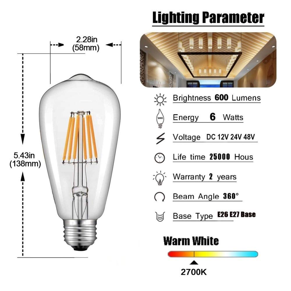 Lampadine Edison a Bassa Tensione, Non dimmerabili, 12V 24V E27, Lampadina a LED, Bianco Caldo 4500K, 6W 12V, Lampada a LED Vintage, Bianco Caldo 2700K, lampadine per Uso Domestico ST58, 5 Pezzi