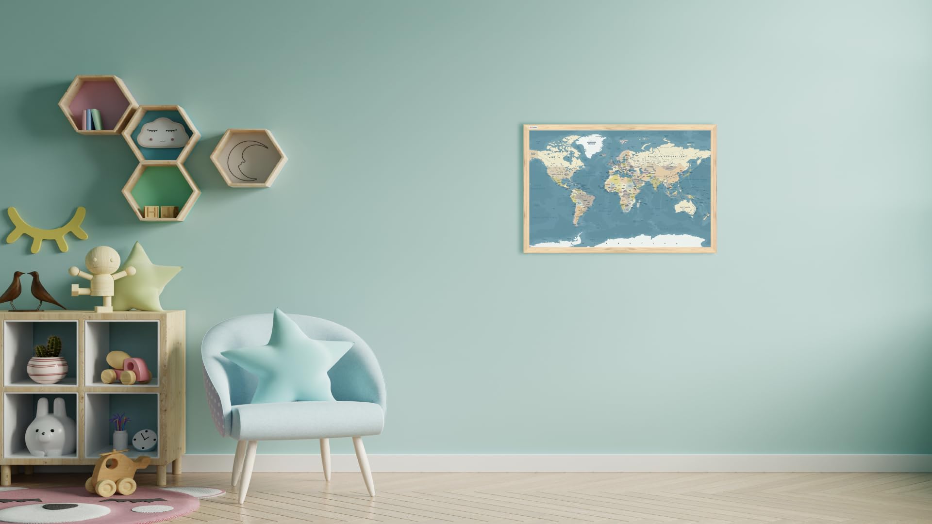 ALLboards Tableau magnétique image carte du monde couleurs pastels 60x40cm dans un cadre en bois naturel