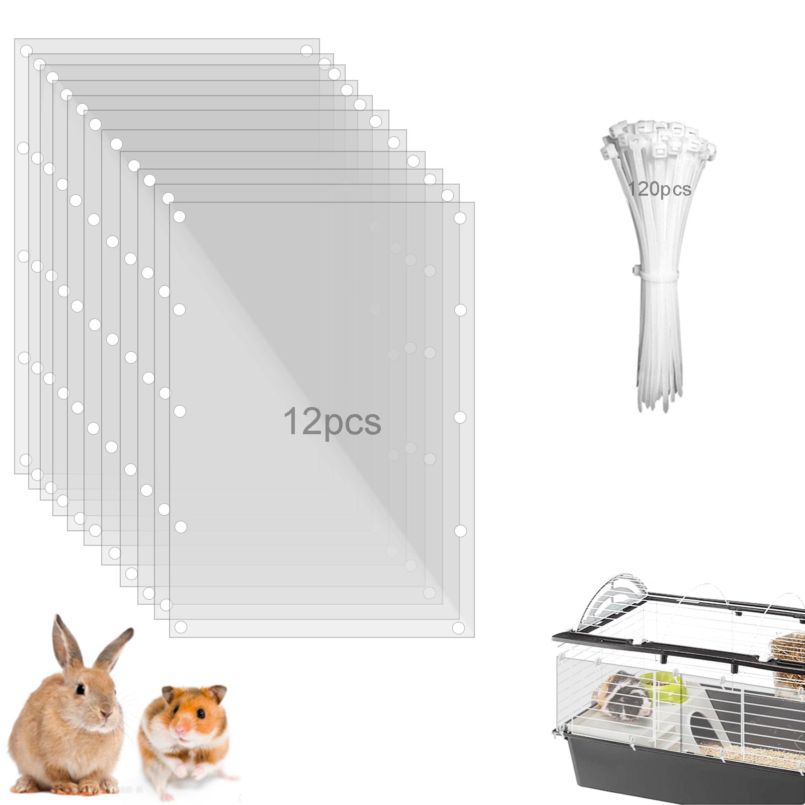 PeSandy Pet Cage Liner Protection, Rabbit Cage Plastic Panels, 12 PCS Cage Urine Guard for Rabbit, Guinea Pig, Hamster, Hedgehog, Chinchilla, Ferret, Bunny - Transparent, 11.8"x7.9"