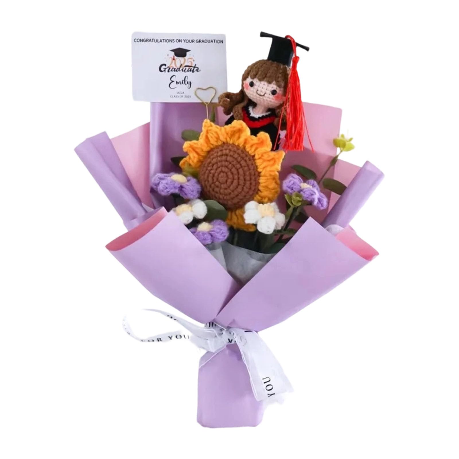 ZEPFJHE Unique Cotton Crochet Graduation Bouquet with Lovely Doll Perfect Hand-woven Flower Birthday Gift Doll Gift