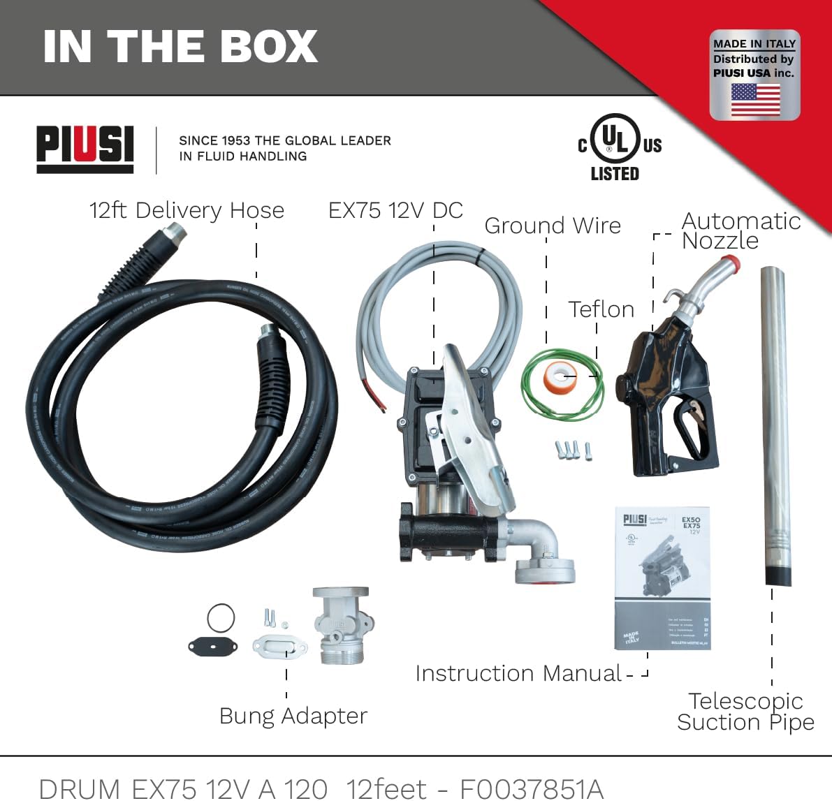 Piusi EX50 Fuel Transfer Pump 12V Cast Iron Body 16 GPM Flow Rate at Nozzle with Spring-Loaded Vanes Built-In Bypass Valve (Pump Only)