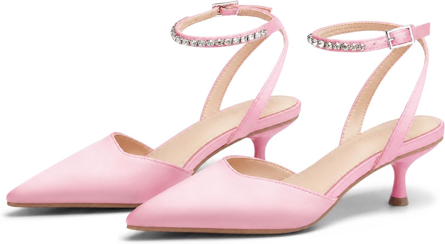 Coutgo Womens Low Kitten Heels Closed Pointed Toe Pumps Rhinestone Ankle Strap Wedding Party Dress Shoes
