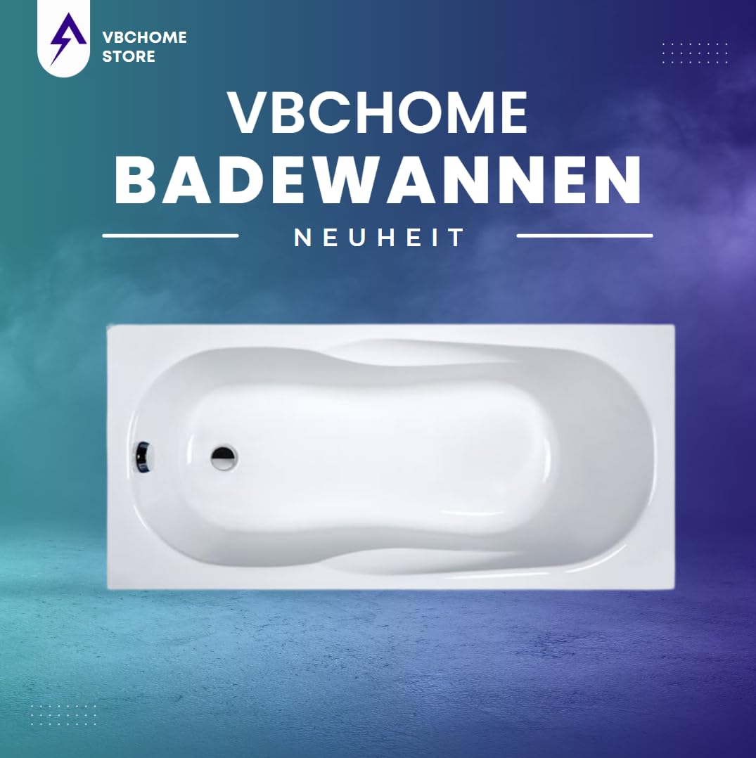 VBChome Badewanne 170x70x41 cm Acryl SET Rechteckwanne, Styroporträger, Siphon, Ablaufgarnitur Chrom, Modernes Design Weiß Robustes Material Antibakterielle Oberfläche, Einfache Montage, Wärmedämmung