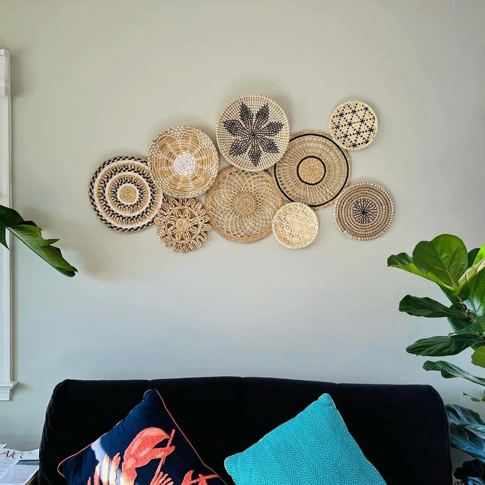 Juego de decoración de Pared de 9 Decoraciones para el hogar, decoración de Pared de ratán, Cesta de Mimbre, cestas Colgantes para Pared, Platos Decorativos para Pared