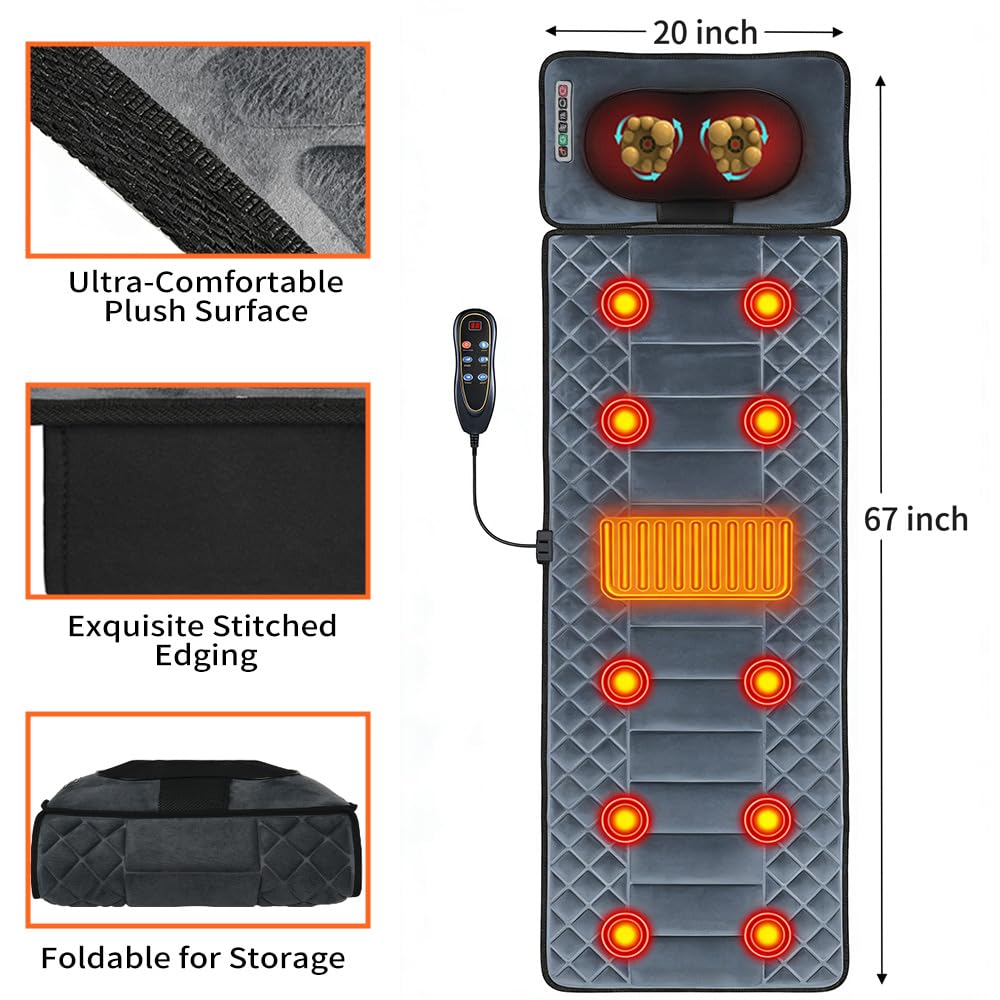 Beheizte Massagematte, Ganzkörper-Massagematratze mit Nackenmassagekissen, 10 Vibrationsmotoren, 9 Modi, 9 Intensitätsstufen, Timer, lindert Rückenschmerzen, Massage-Matratze, Geschenk für Frauen und