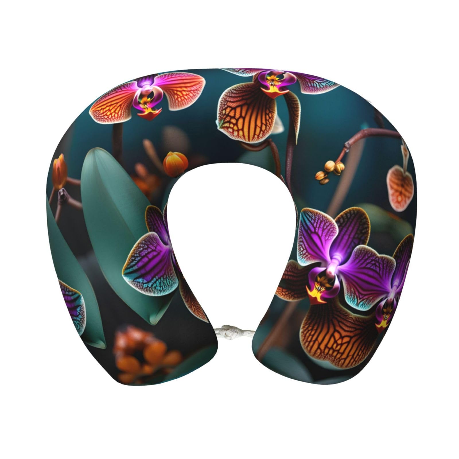 peiyeety Teal and Orange Orchid Print Custom U-Shaped Pillow,Memory Foam Cervical Neck Travel Pillow,for Home,Camping,Travelling