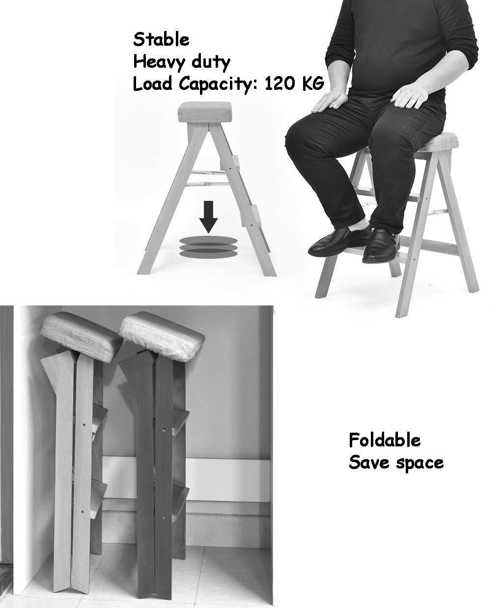 Escalera de Tijera para Escalera de Tijera/Escalera de Tijera 3 peldaños, Asiento de Esponja de Madera, hogar, Silla de Madera Taburete Alto expandido tamaño 65 cm Carga Pesada máx. 120 kg