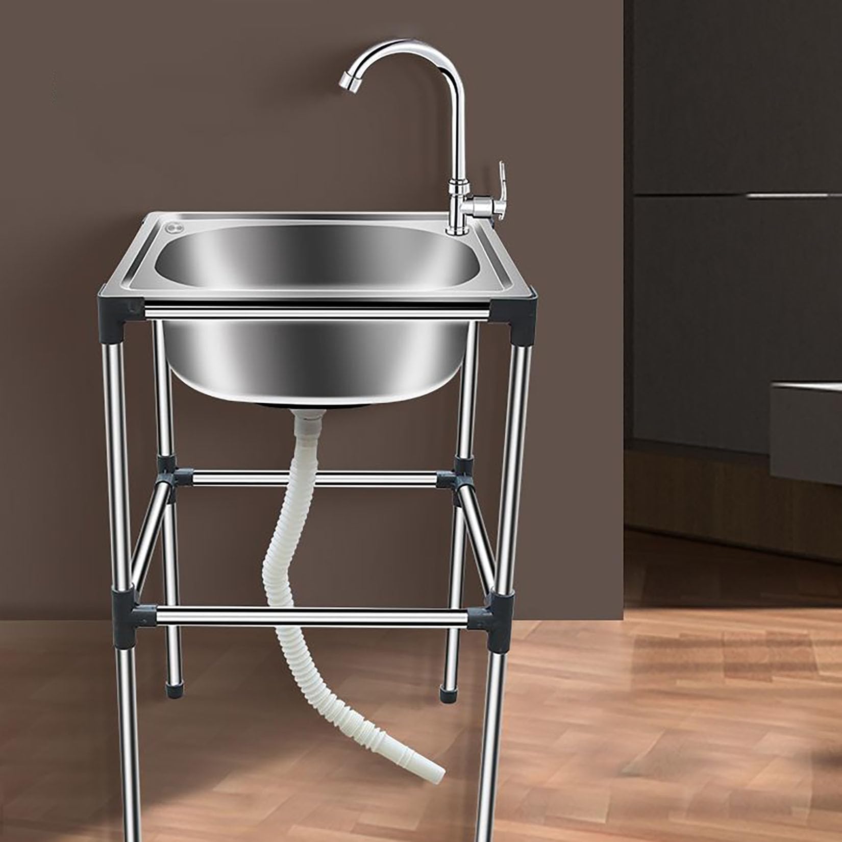 Lavello da Cucina autoportante in Acciaio Inox con Rubinetto per Acqua Fredda, lavello Mobile con Ripiani, Adatto per ristoranti, Bar