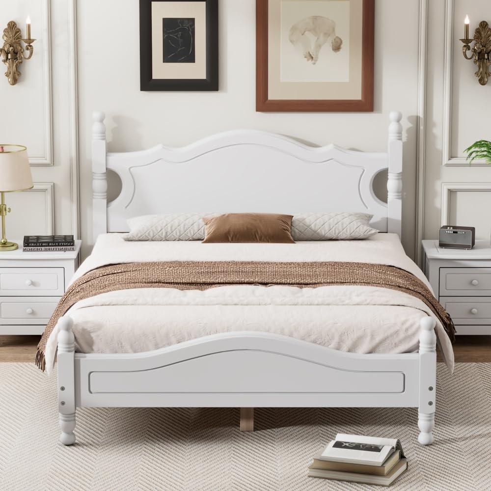 full size wood platform bed frame,retro style platform bed with wooden slat support,white