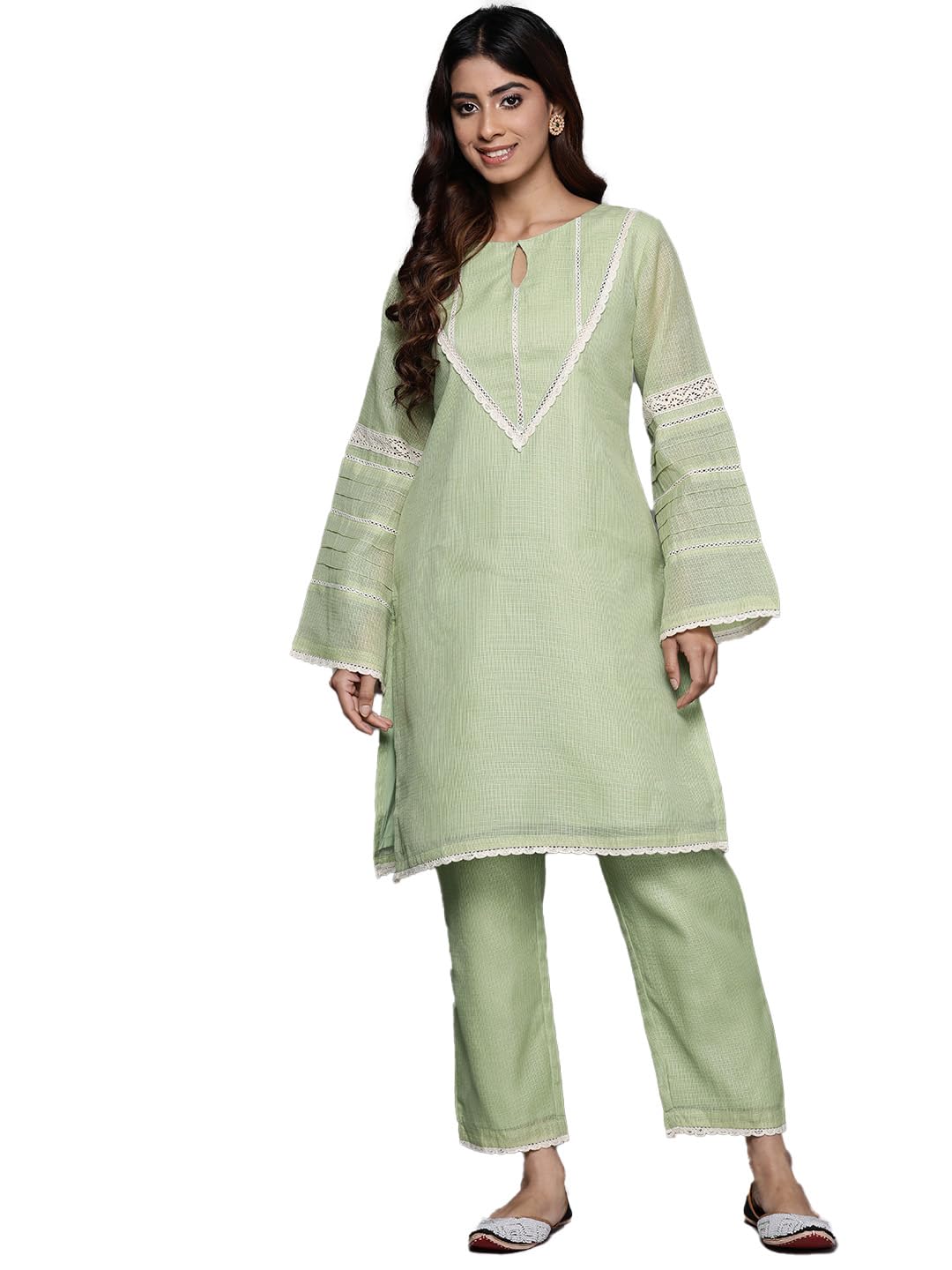 Varanga Women Green Kota Check Cotton Lace Short Kurta With Bottom, Round Neck With Keyhole Detail, Long Sleeves, Side Slits, Tonal Bottom