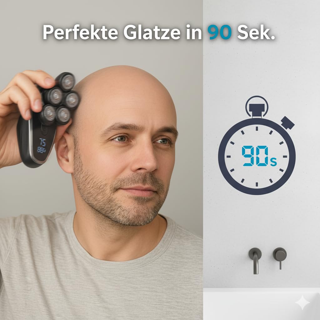 Glatzen Rasierer Herren 7D – Nass & Trocken Kopfrasierer mit 100% wasserdichtem Gehäuse, sanfte Rotationstechnologie, ergonomischer Griff, integrierte Haarkammer, einfache Magnet-Reinigung