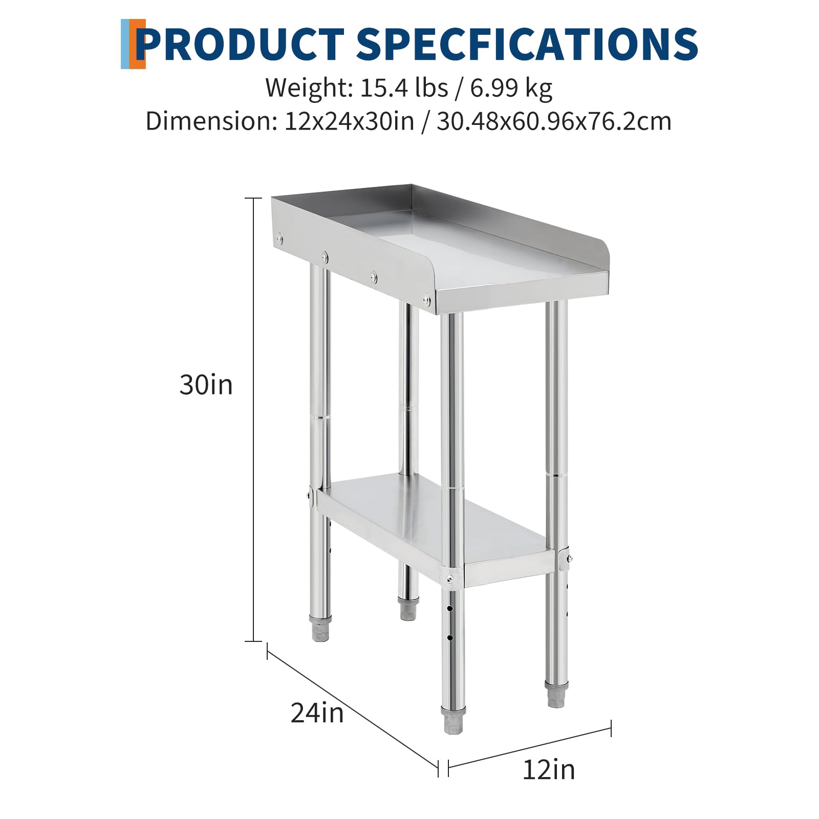 Garvee Mesa de Trabajo Acero Inoxidable 201 para BBQ 30,5 × 61 × 76 cm, con Protector Desmontable de 3 Lados, Estante Inferior, Mesa Auxiliar Cocina Exterior