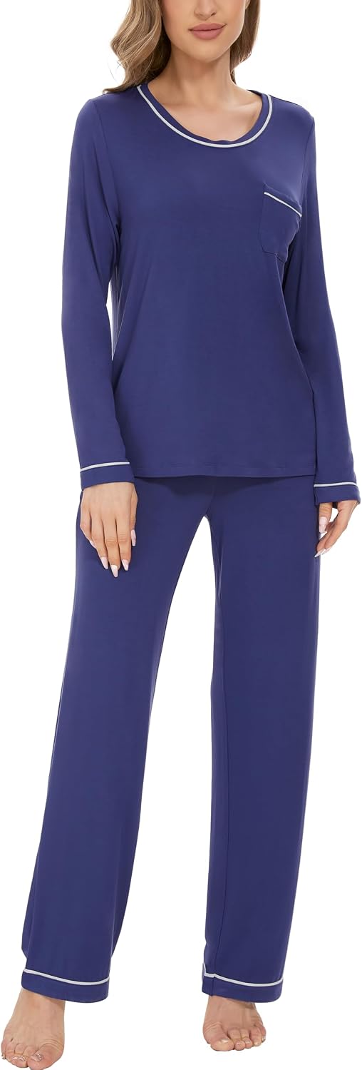 GYS Women's Bamboo Viscose Pajamas Set Long Sleeve Crew Neck Sleepwear Super Soft Pjs Lounge Sets