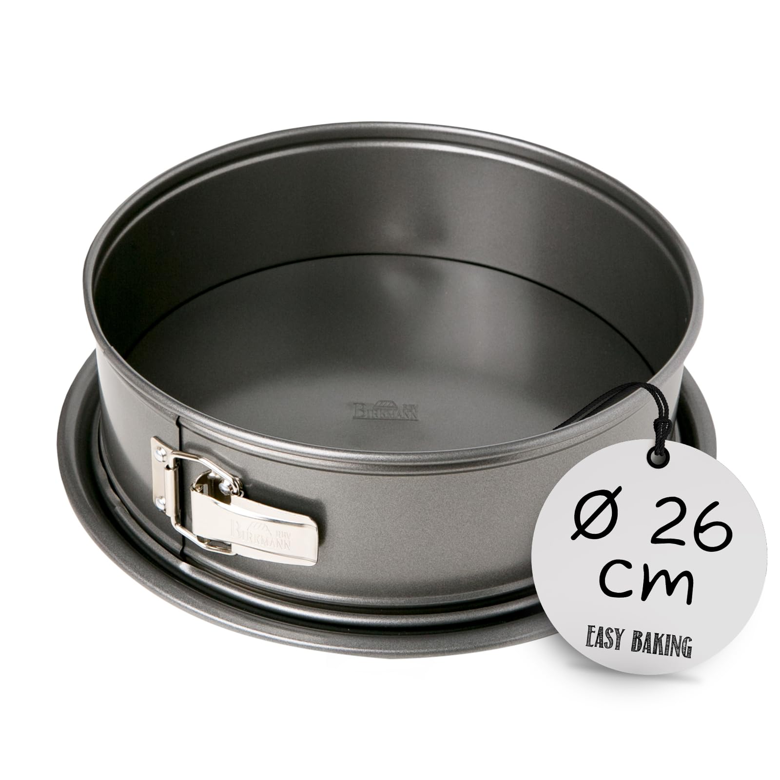 Springform rund – Birkmann – grau, Ø 26 cm, 9 cm hoch, Karbonstahl, Marken-Antihaftbeschichtung, mit Auslaufschutz, hitzebeständig bis 230 °C, stabile Qualität, inkl. QR-Code zum Rezept