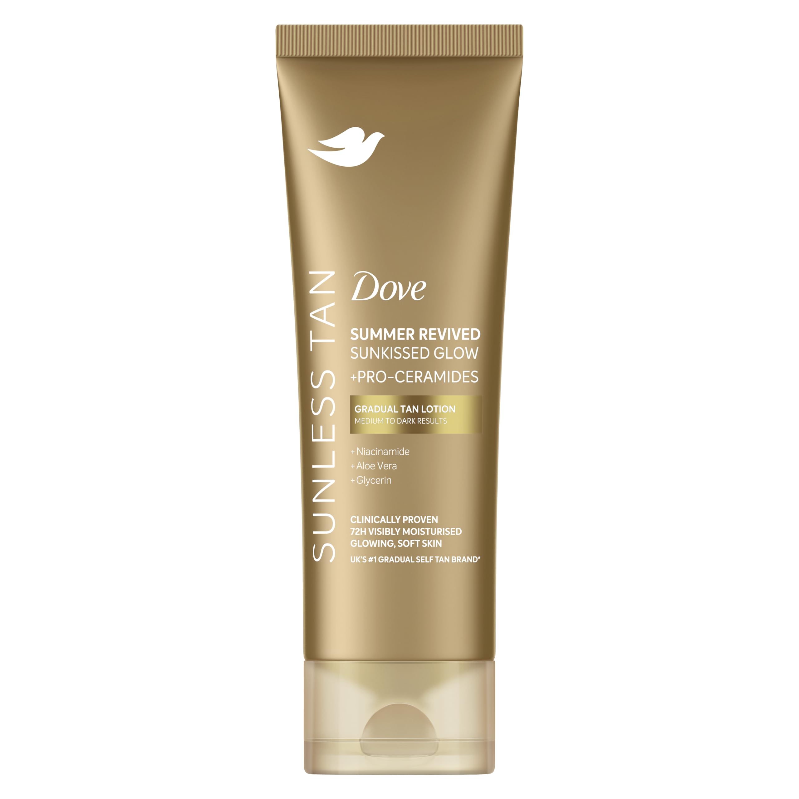 Dove Summer Revived Sunkissed Glow Medium to Dark Gradual Tan Lotion body lotion with Pro-Ceramides, Niacinamide, Aloe Vera & Glycerin for 72h visibly moisturised, glowing, soft skin 200 ml