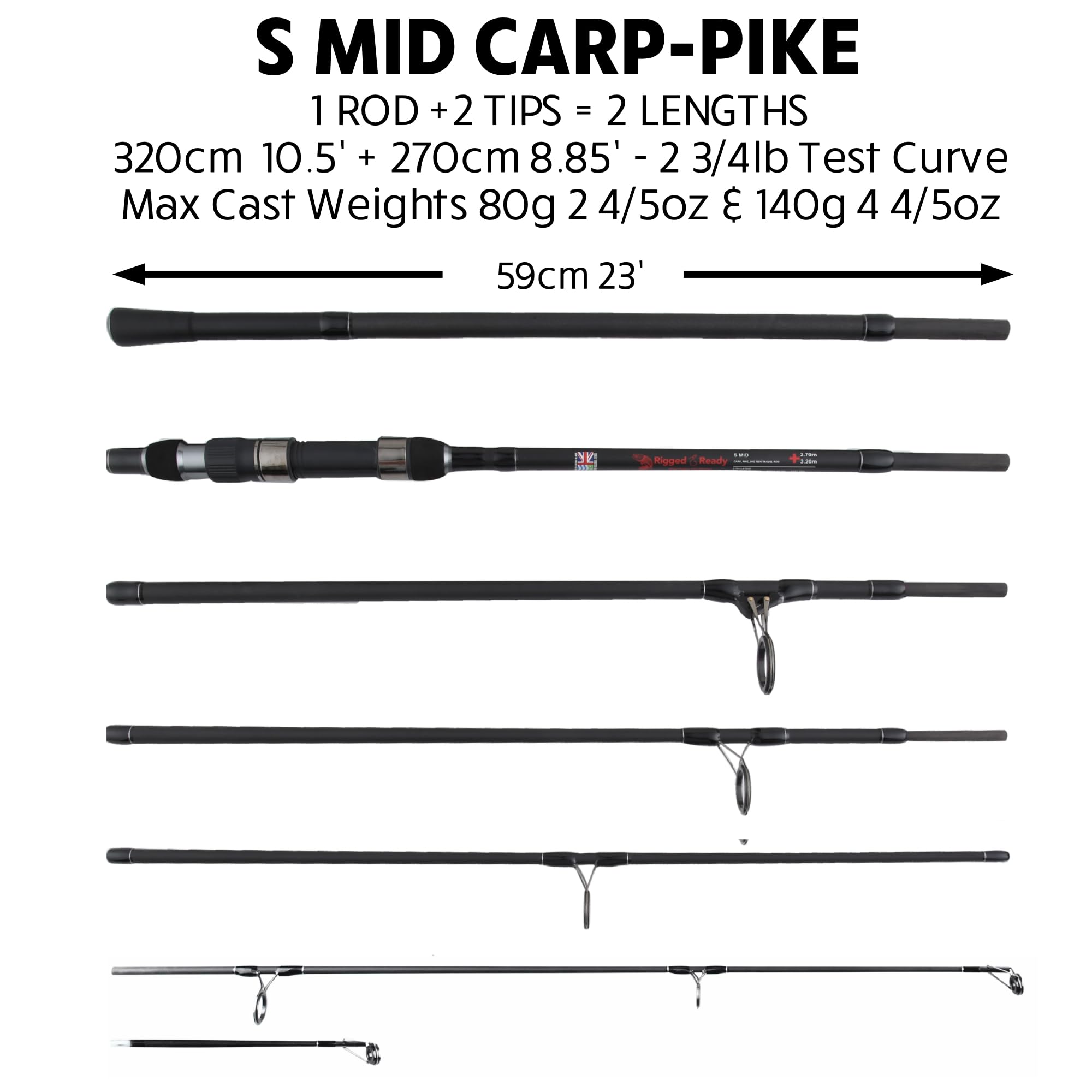 Rigged and Ready S Series Travel Fishing Rods. 2 Powerful Big Fish Predator-Carp-Surf Rods + 1 Combo + 2 Tips/cast Weights + Case. Travelling Angling in Fresh and Saltwater Fist to 15kg (33lb)