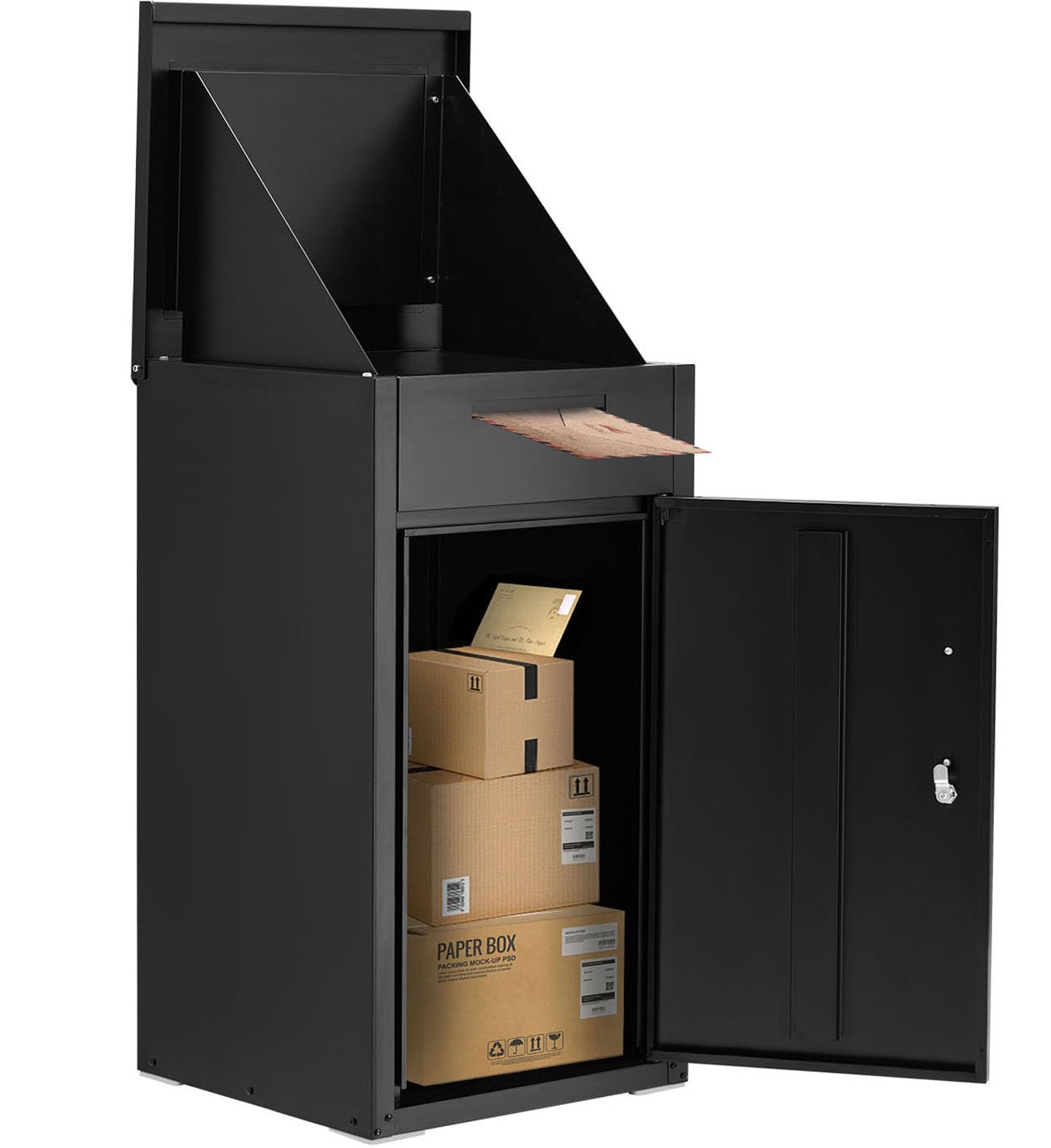 Package Delivery Box for Outside,Lockable Anti-Theft Parcel Drop Box with Mailbox Waterproof Weather Resistant Full Metal Frame for Porch Fence Curbside (38.3"x17"x16", Black)