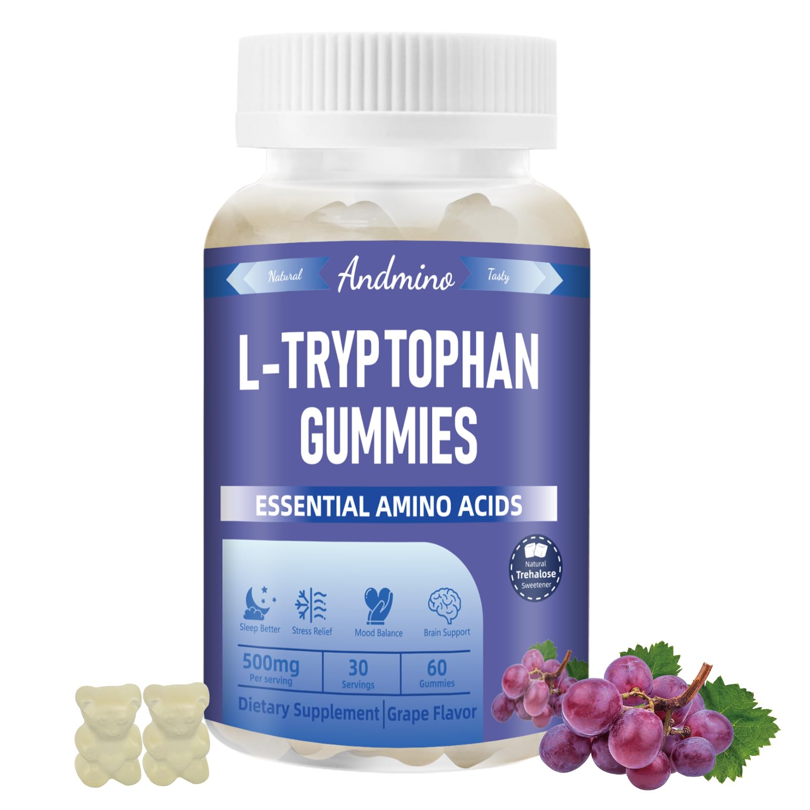 L Tryptophan Gummies 500mg, with Trehalose, for Natural Relaxation & Serotonin Support, for Adults & Kids, Non-GMO, Vegan, Gluten Free, Grape Flavor, 60