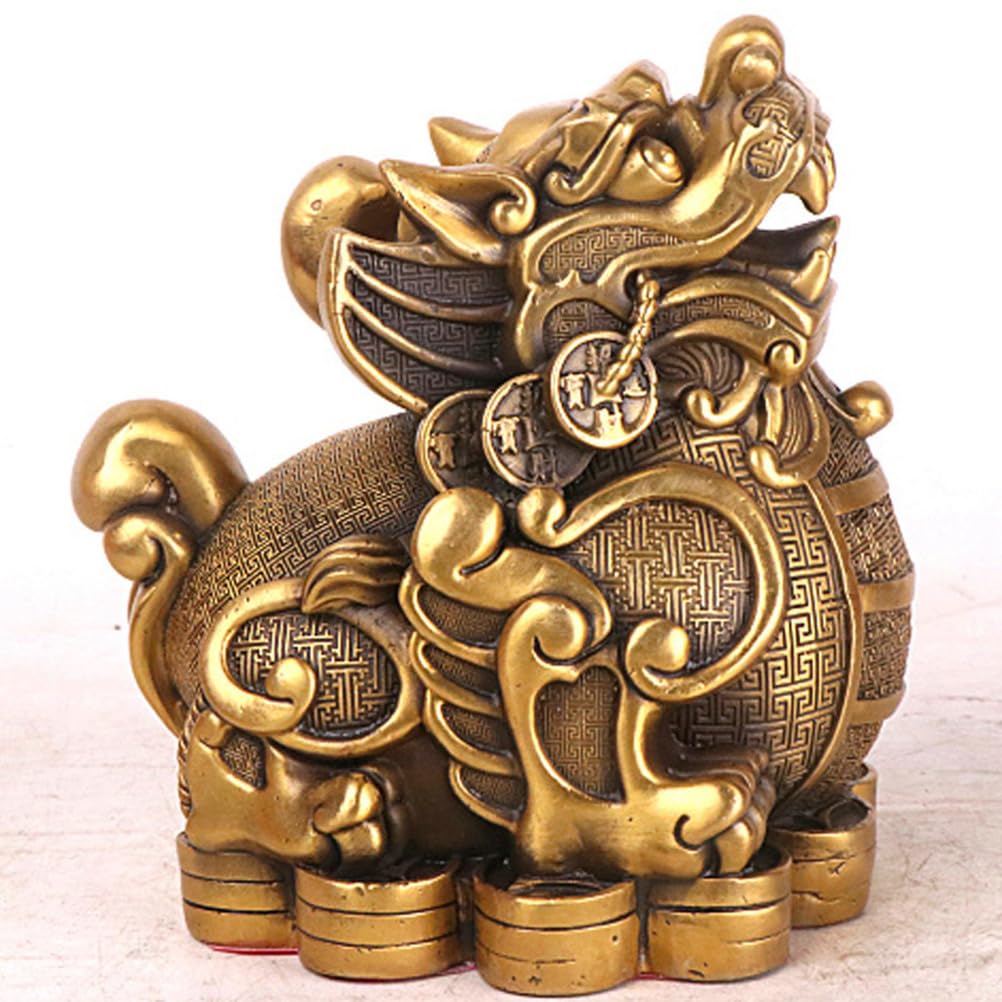 Figurka Feng Shui Pi Xiu (Pi Yao), mosiężna figurka bogactwa do domu lub biura, kompaktowa złota figurka na biurko do kolekcjonowania, przyciągająca pieniądze i szczęście
