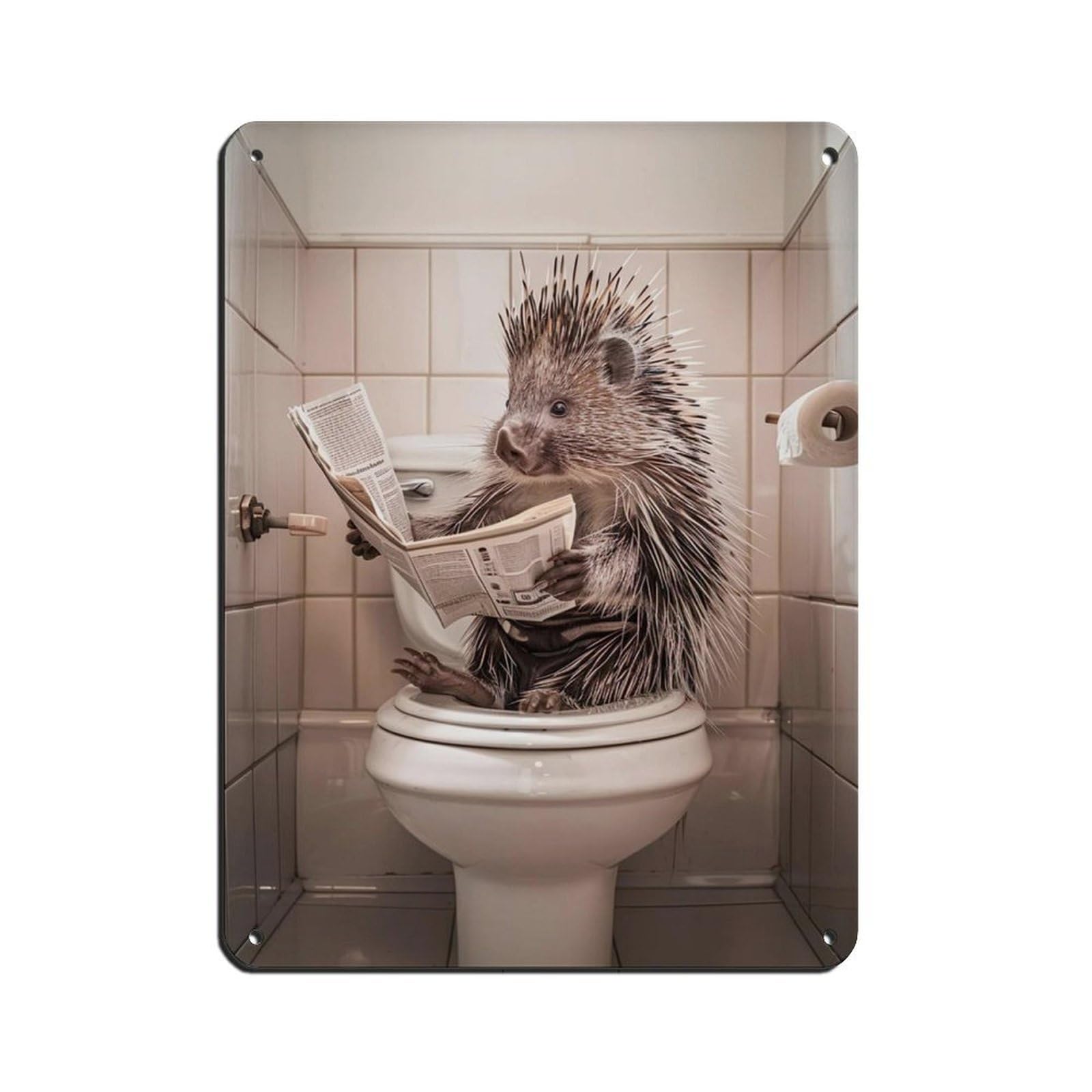 Porcupine Sitting on The Toilet Reading A Newspaper (10) Retro Poster Metal Tin Sign Chic Art Retro Iron Painting Bar People Cave Cafe Family Garage Poster Wall Decoration 12x16inch(30x40cm)