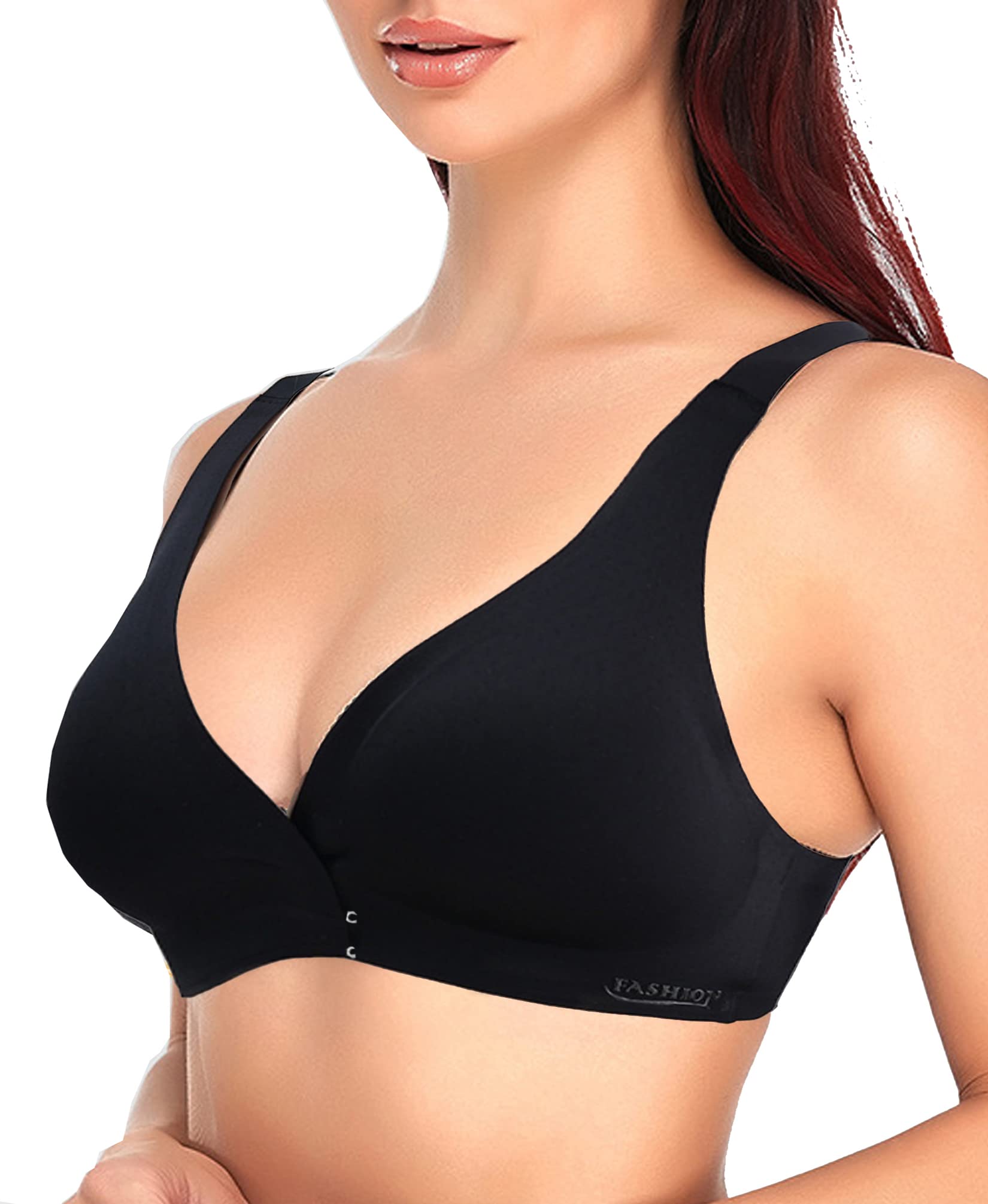 Jengo Post Surgery Bra Front Closure Deep V Push Up Plunge Bra U Low Cut Bras Post Surgical Mastectomy Bra Breast Augmentation Black
