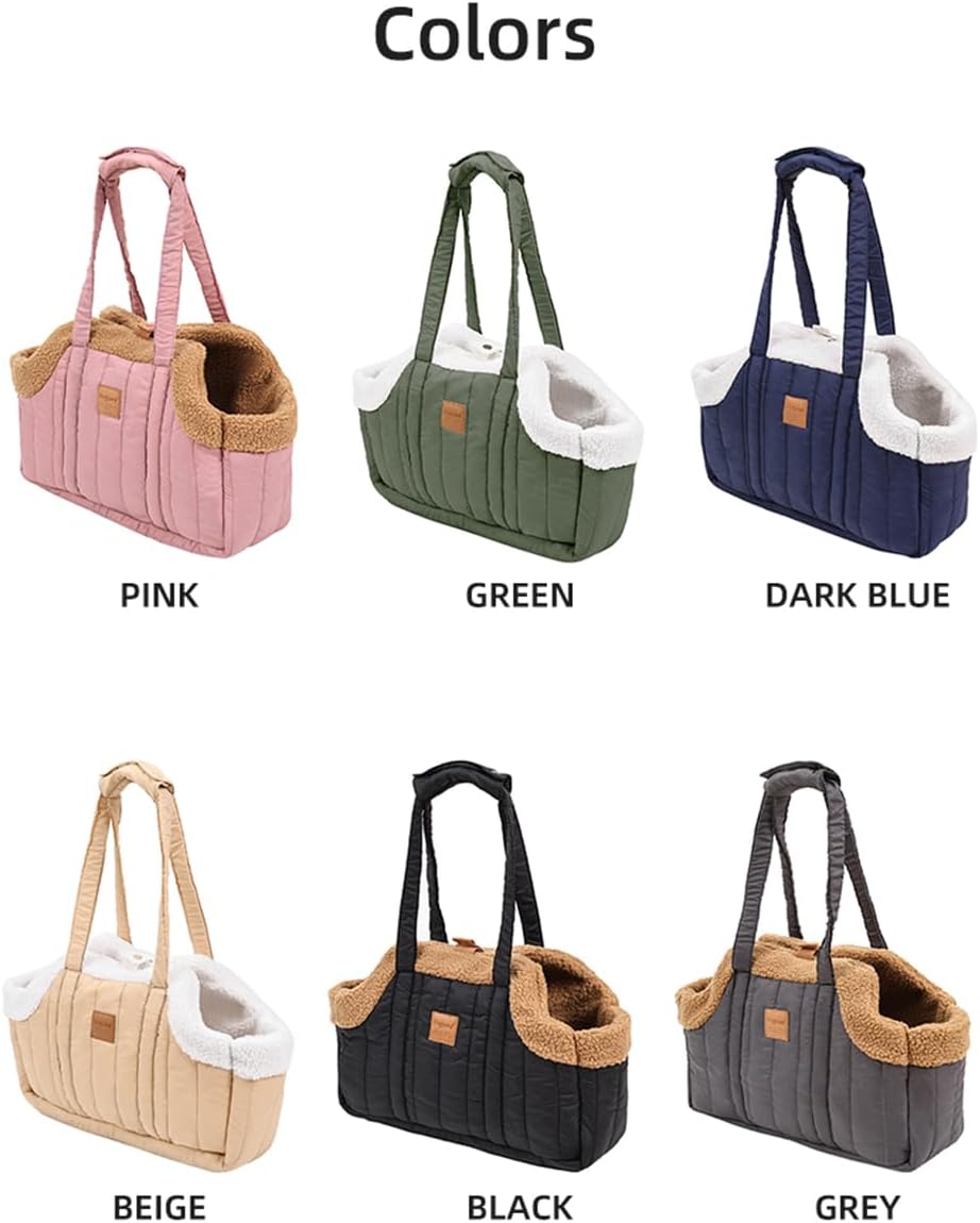 Cozy Dog Tote Bag Carrier for Small Dogs and Cats, Quilted Pet Handbag with Warm Fleece Lining, Water-Resistant Shoulder & Hand Carry Purse, Stylish Winter Dog Carrier for Outdoor Use (Pink)