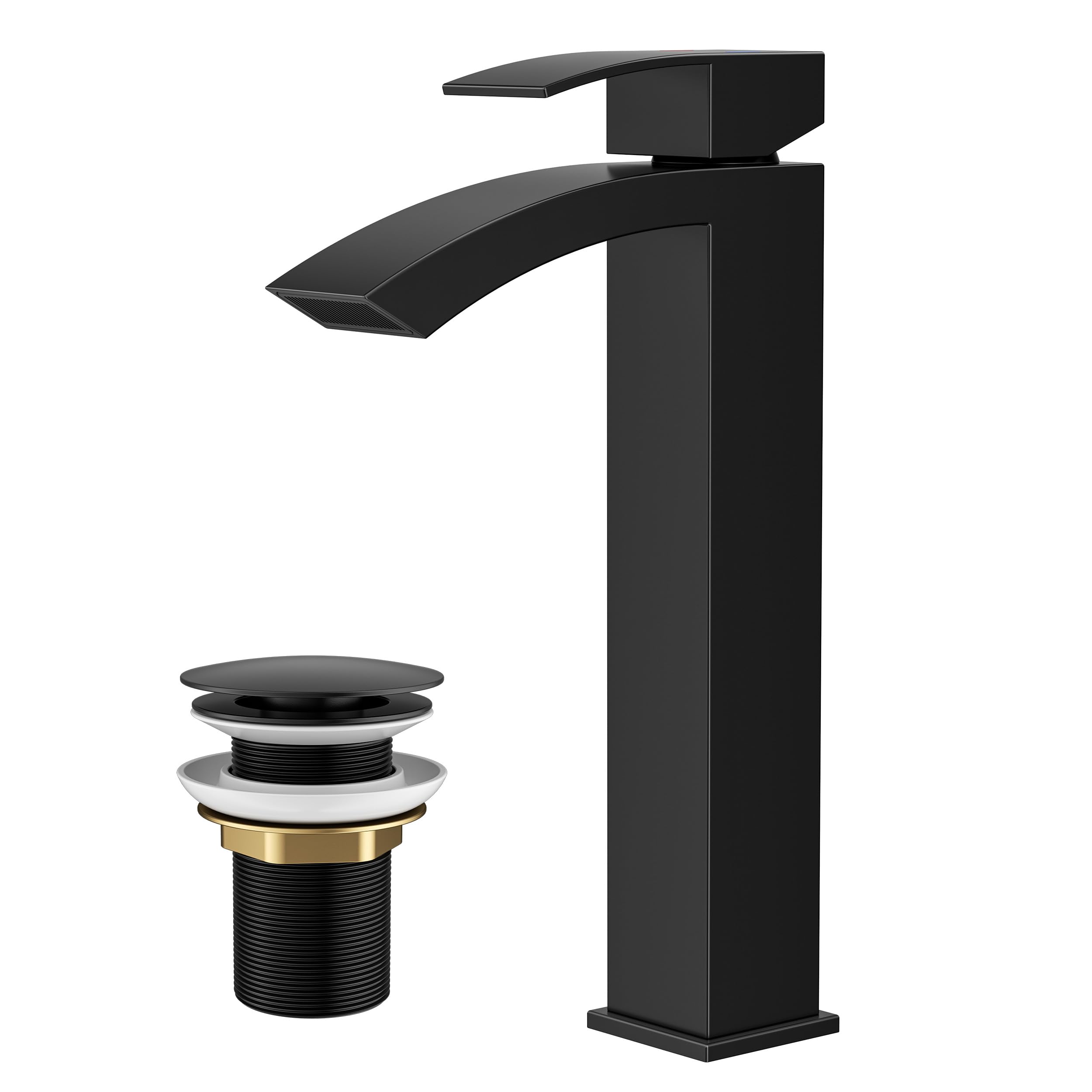 FORIOUS Bateria umywalkowa czarna z wylewką typu Push-open, bateria umywalkowa wodospadowa do łazienki, wysokość wylewki 225 mm, konstrukcja wylotowa kranu typu kratka, oszczędność wody