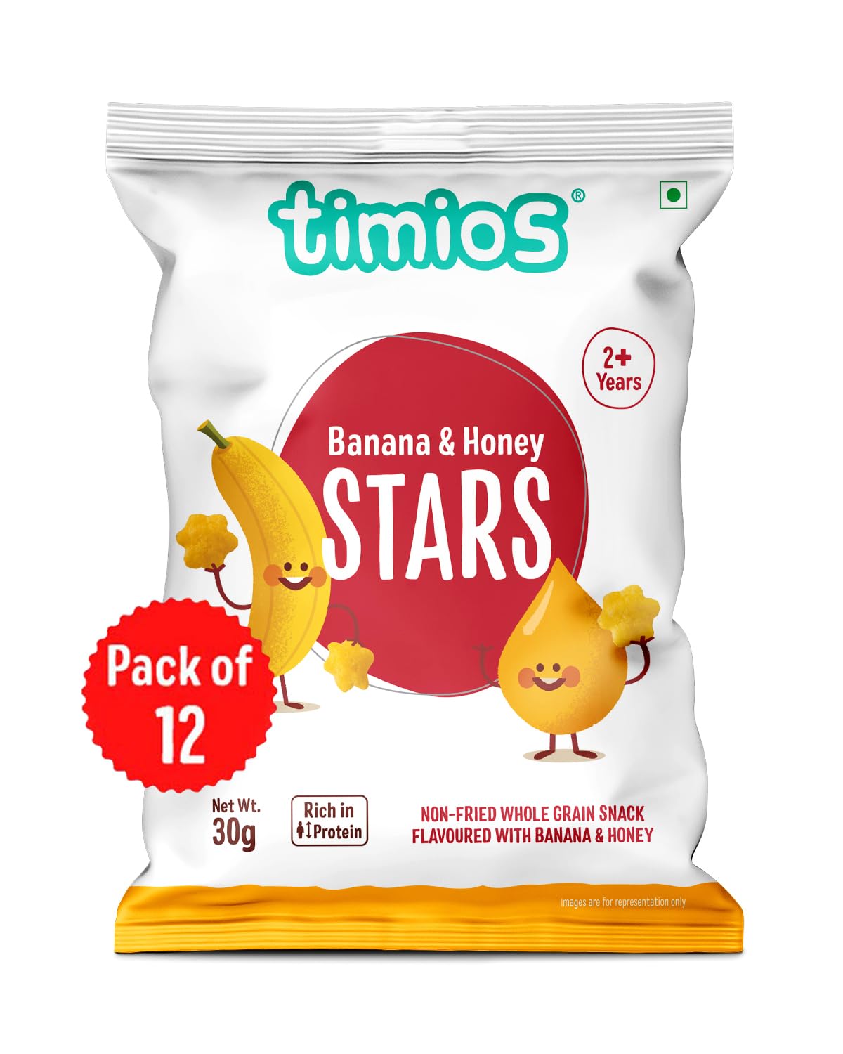 Timios 100% Natural Non-Fried Banana & Honey Star-Shaped Munchies – Pack of 12 (30g Each) – Healthy Snack for Kids Aged 2+