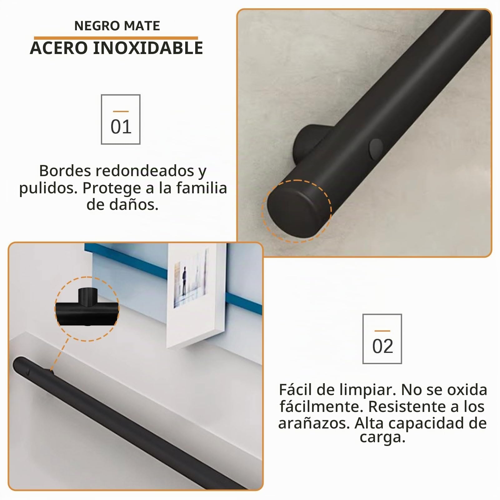 Barandillas modernas para escaleras - 3m/3.5m/4m/4.5m - Negro mate, pasamanos para escaleras de metal de acero inoxidable para montaje en pared para escalones de interior y exterior - Kit completo ( S