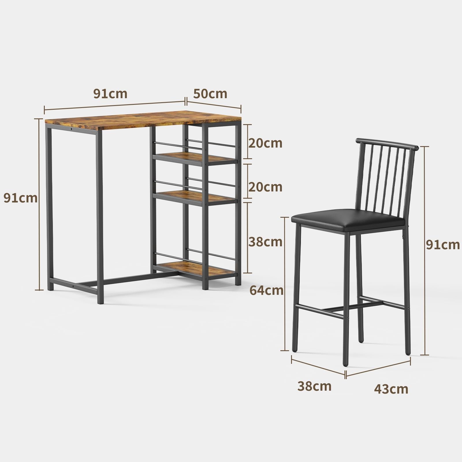 Xbro Ensemble Table de Bar avec 2 Chaises Rembourrées, Table de Bistrot pour Cuisine avec 3 Étagères (Marron)