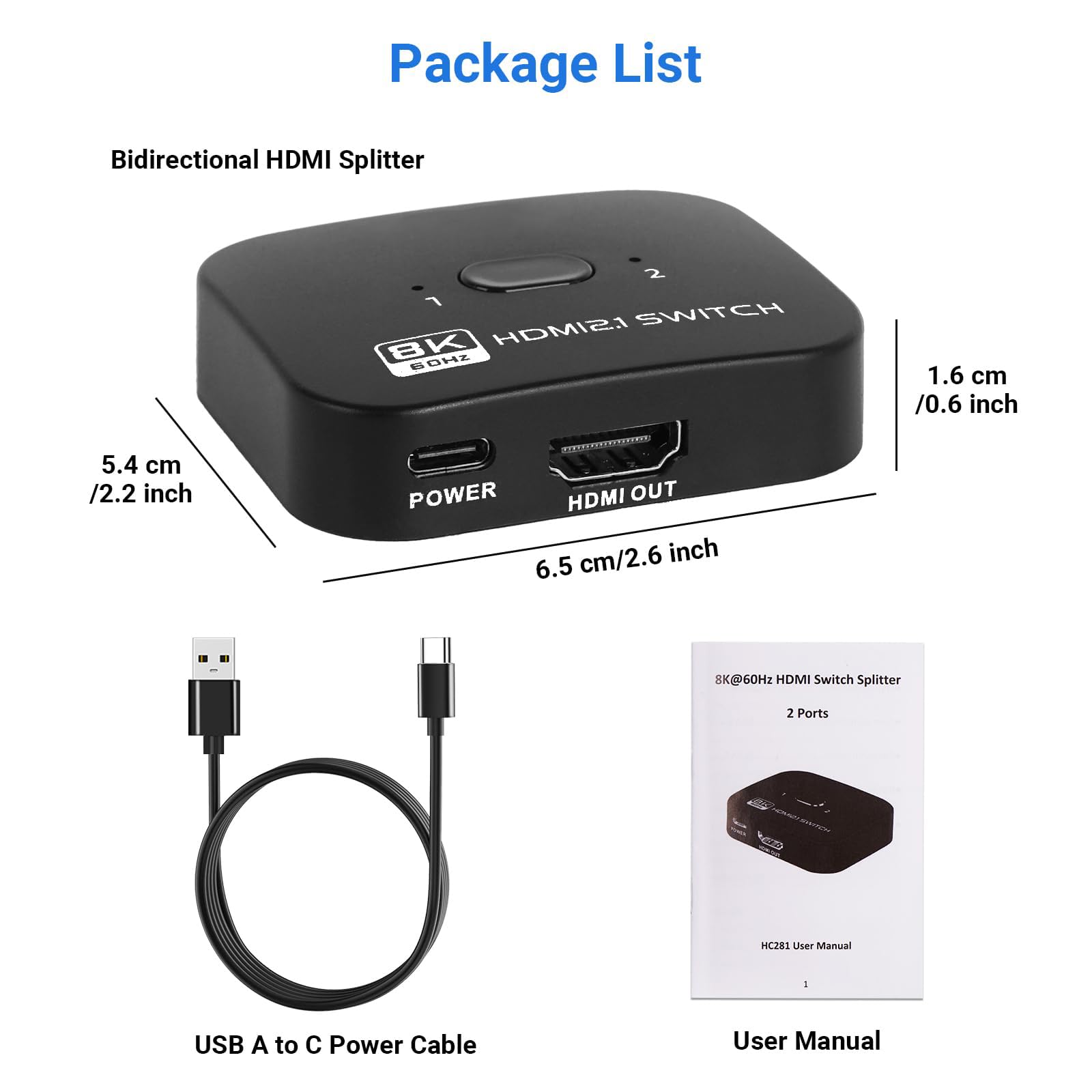 Switch HDMI 8K 60Hz, 4K 120Hz Répartiteur Commutateur 2 Entrées 1 Sortie, Splitter HDMI 2.1 Bi-Direction, Compatible avec PS5 PS4 Xbox Lecteur Blu-Ray PC