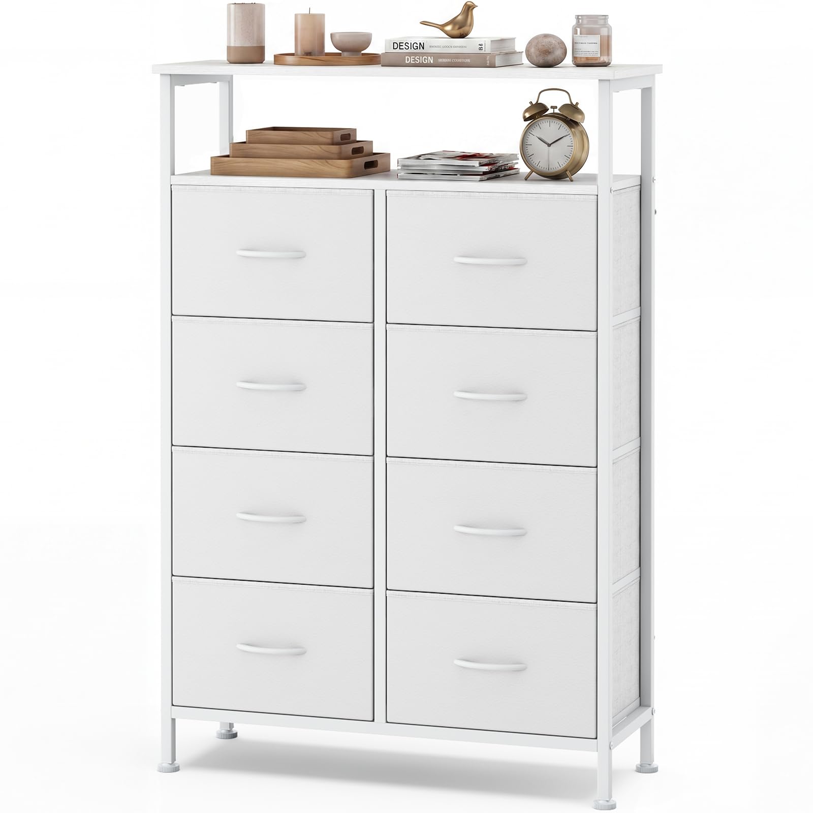 OLIXIS 8 Drawers Fabric Dresser, Raised Shelf Tall Chest of Drawers, White