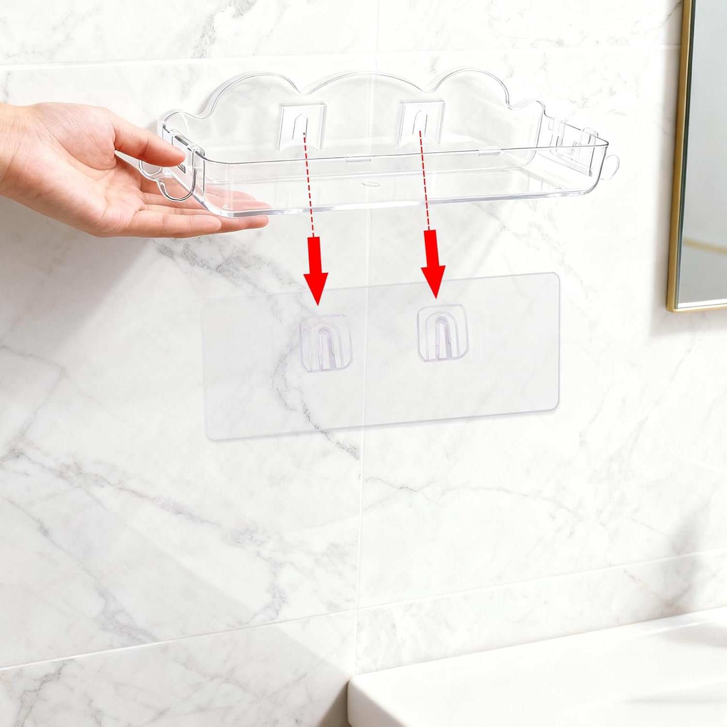 2 Pack Acrylic Shower Caddy No Drilling Adhesive Shower Shelves with 4 Removable Hooks Wall Mounted Bathroom Shower Organizers Shower Caddy for Bathroom Kitchen - Image 4
