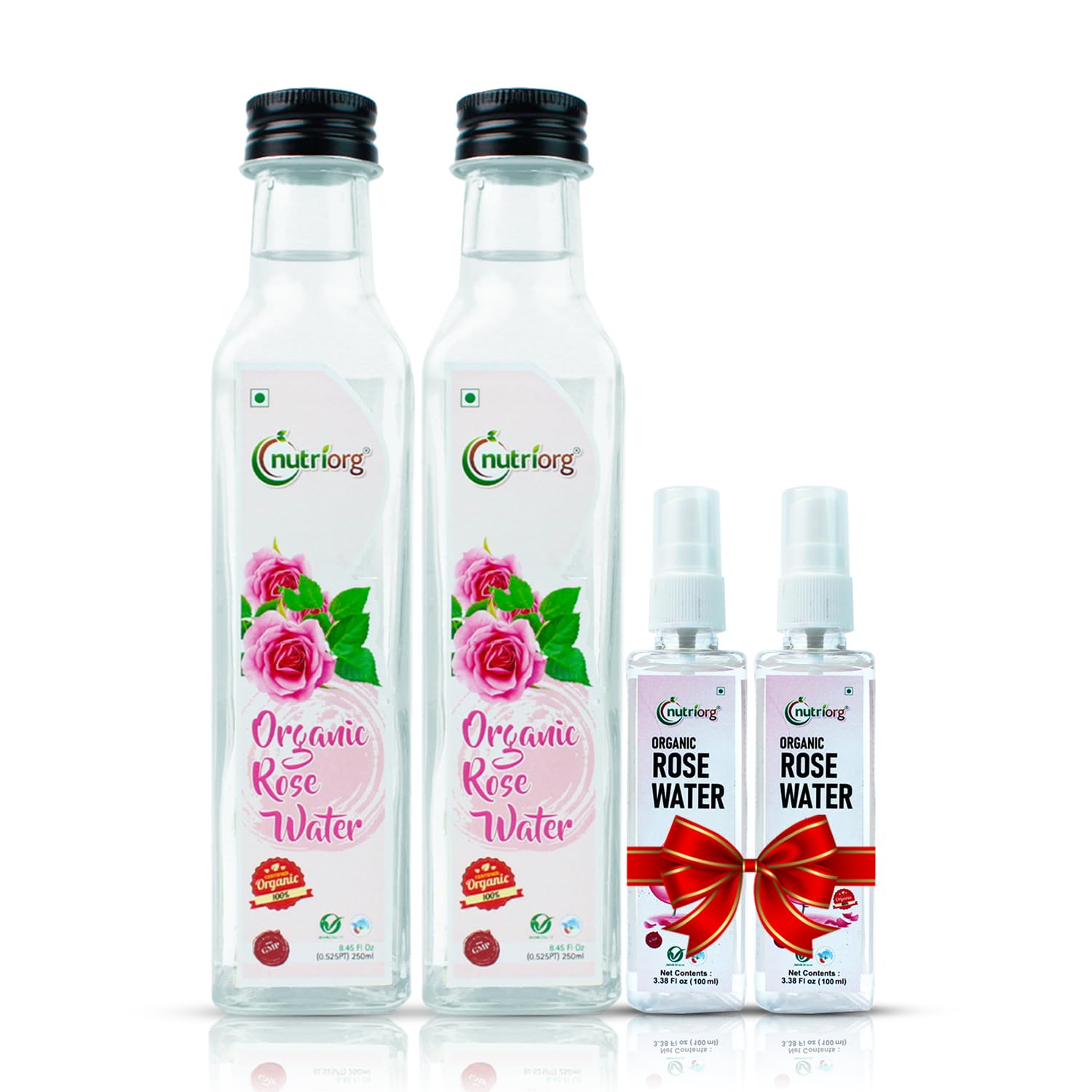 Nutriorg Organic Rose Water | 100% Pure Gulab Jal for Face, Skin & Hair | Skin Toner, Makeup Remover, & Hydration | Alcohol & Paraben-Free | For All Skin Types | 250ml X 2